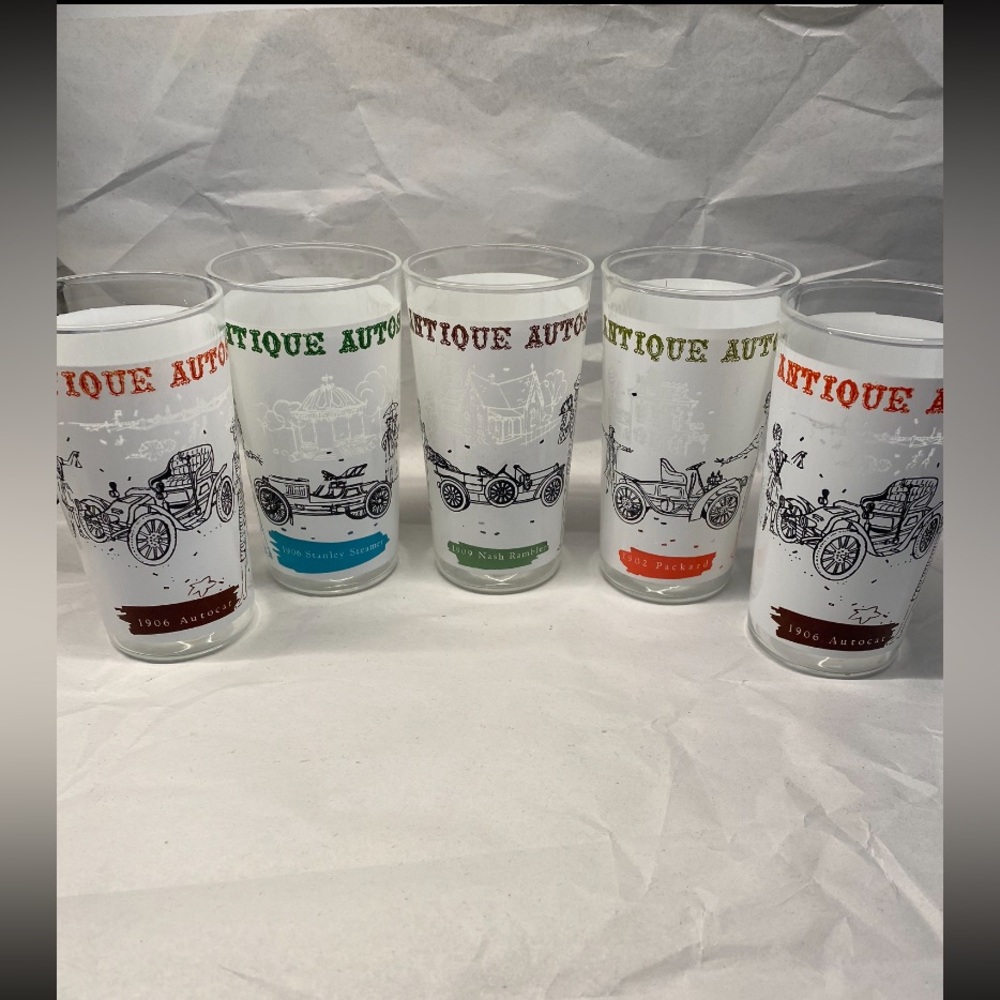 5 Vintage Antique Auto Frosted Drinking Glasses.